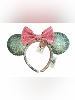 Teal Sequin Mouse Ear Headband with Pink Bow